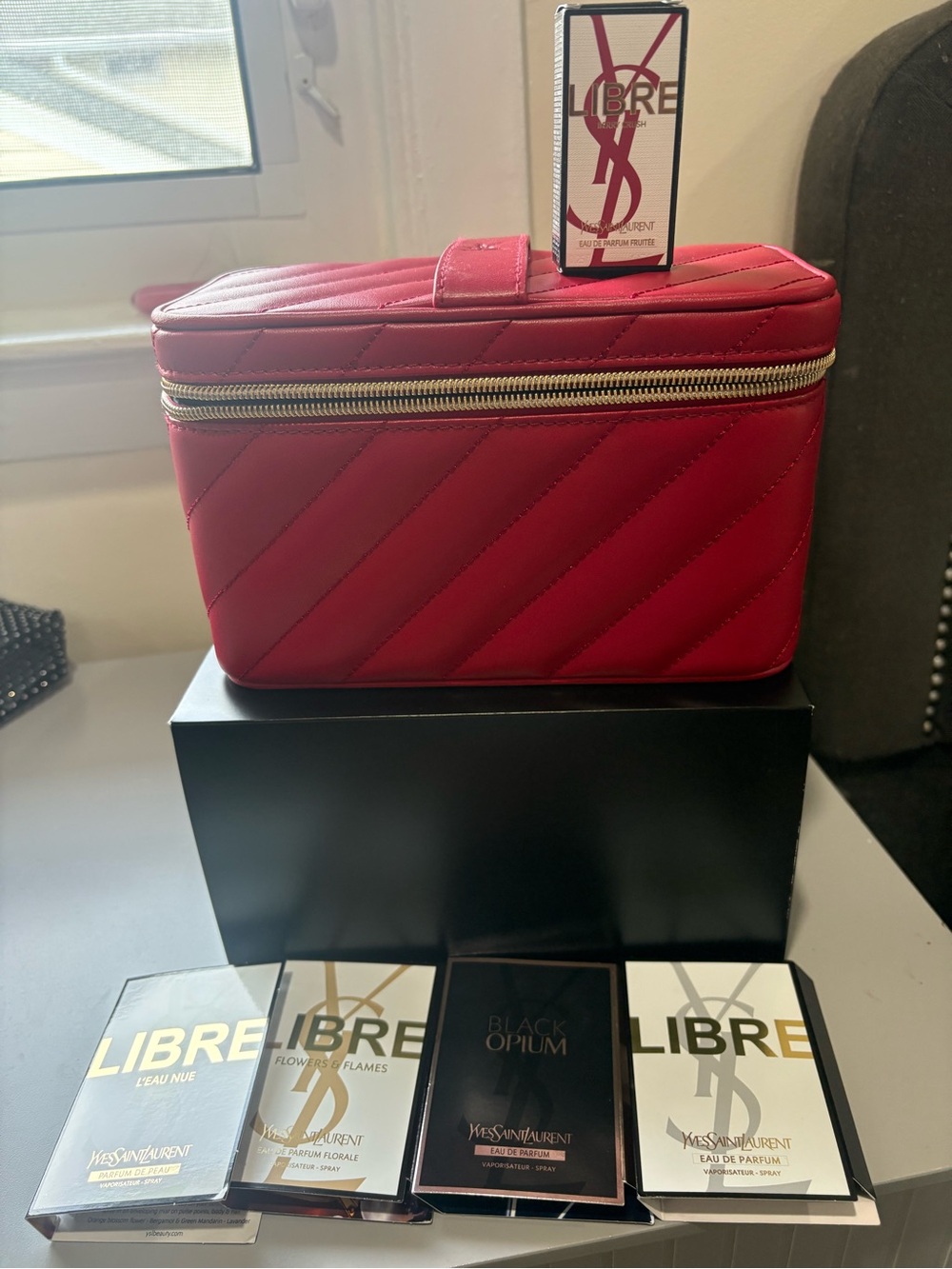 Yves Saint Laurent Red Quilted Cosmetic Case with Gold Zipper